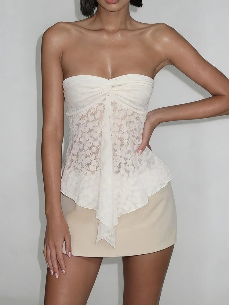 Sexy Jacquard Tank Top Women Hottie Fashion Irregular Hem See Through Ruched Stretch Elegant Trend Party Street Vest
