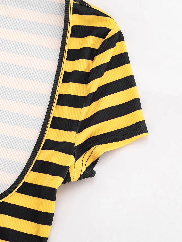 Street 3 Piece Women Striped Print Sexy Hottie Low-Neck Short Sleeve+Halter Bandages Tank Top+Bike Short Fashion Suit