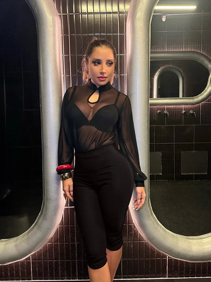 Sexy 2-Piece Set Women Stand Collar Patchwork See Through Hollow Frog Button Top+Elastic Waist Short Midnight Suits