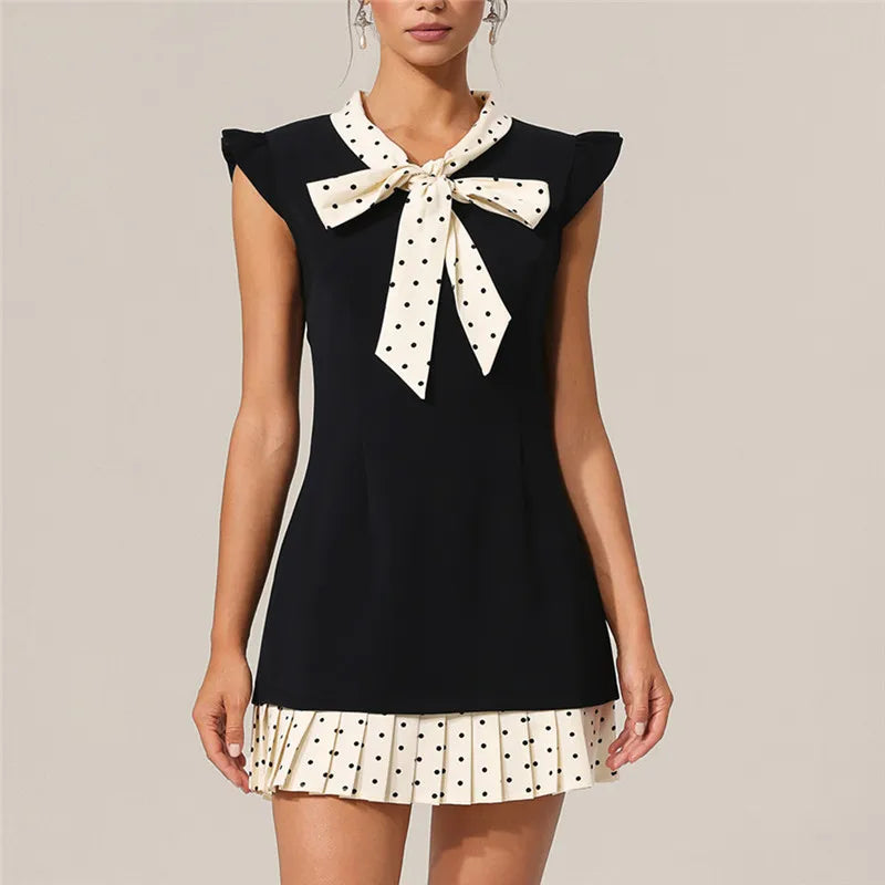 Women's Y2K Dots Print Patchwork Mini Dress Summer Fashion Flying Sleeve Bow Tie Neck Pleated Hem Short Dress