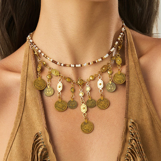 2Pcs/Set Ethnic Vintage Carved Coin Pendant Choker Necklace for Women Goth Tassel Chain Grunge Jewelry Steampunk Men