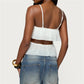 Women Summer White Ruffle Trim Cut Out Cami Top Spaghetti Strap V Neck Layered Crop Top Y2K Party Clubwear