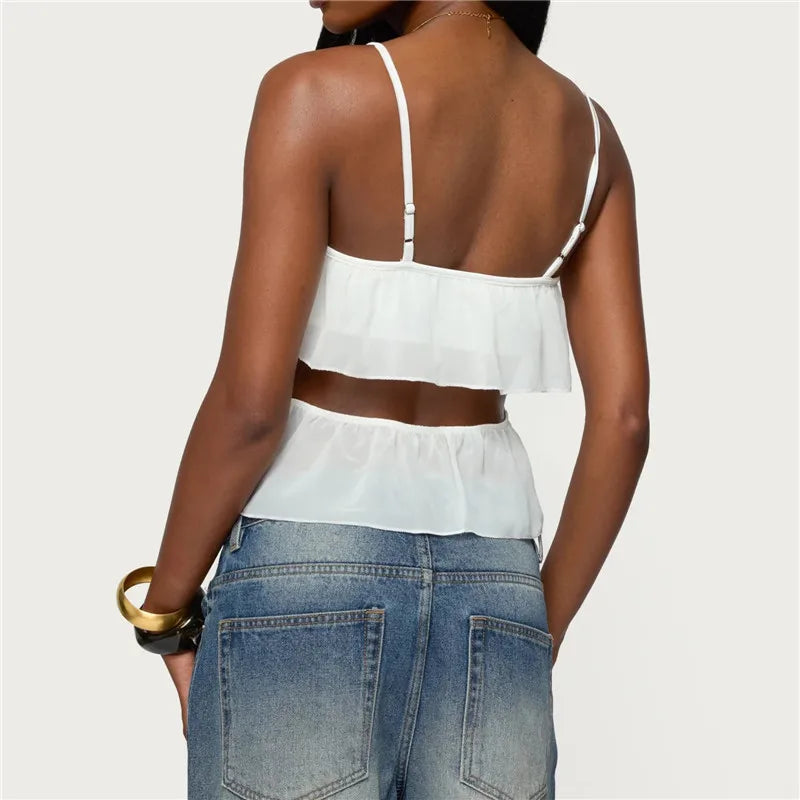 Women Summer White Ruffle Trim Cut Out Cami Top Spaghetti Strap V Neck Layered Crop Top Y2K Party Clubwear