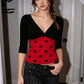 Women V Neck 3/4 Sleeve Crop Top Polka Dot Ladybug Print Color Block Slim Fit Halloween Cosplay Party Short Top