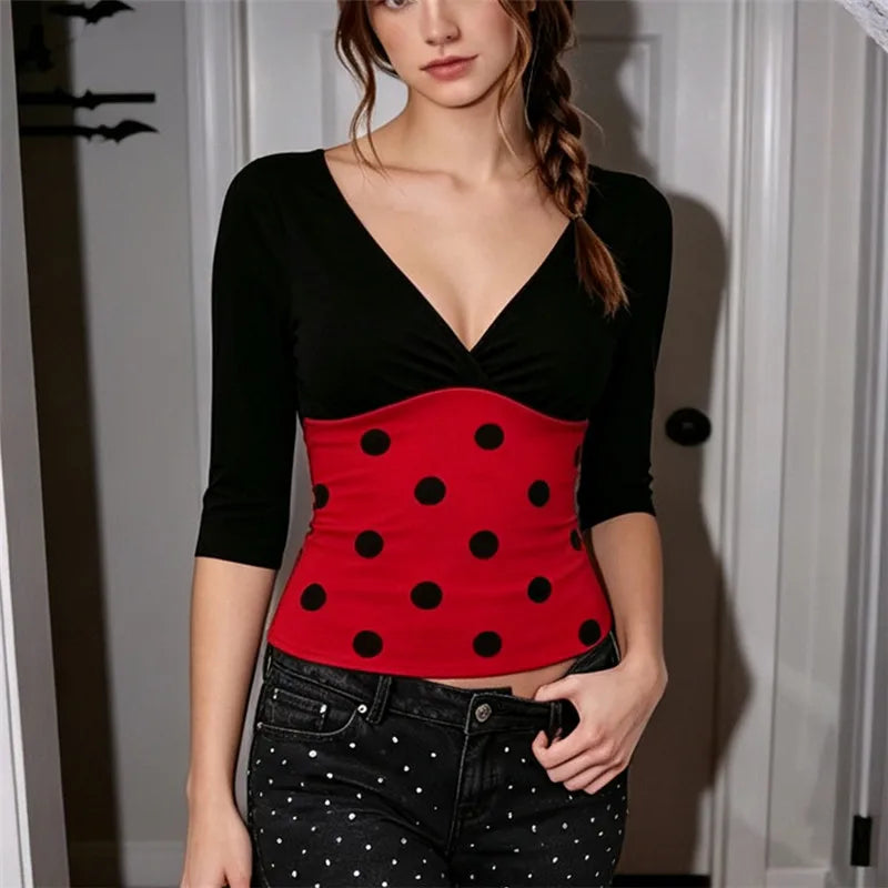 Women V Neck 3/4 Sleeve Crop Top Polka Dot Ladybug Print Color Block Slim Fit Halloween Cosplay Party Short Top