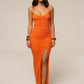 Women Mesh Sexy Maxi Dress Spaghetti Strap V Neck Ruched Bodycon Dress High Slit Elegant Evening Party Club Long Dress