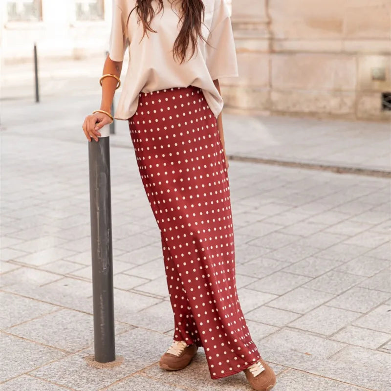 Women Polka Dot Maxi Skirt Elegant Ladies Bodycon A Line Flare Long Skirts Cute Print Flowy Maxi Satin Skirt Dress