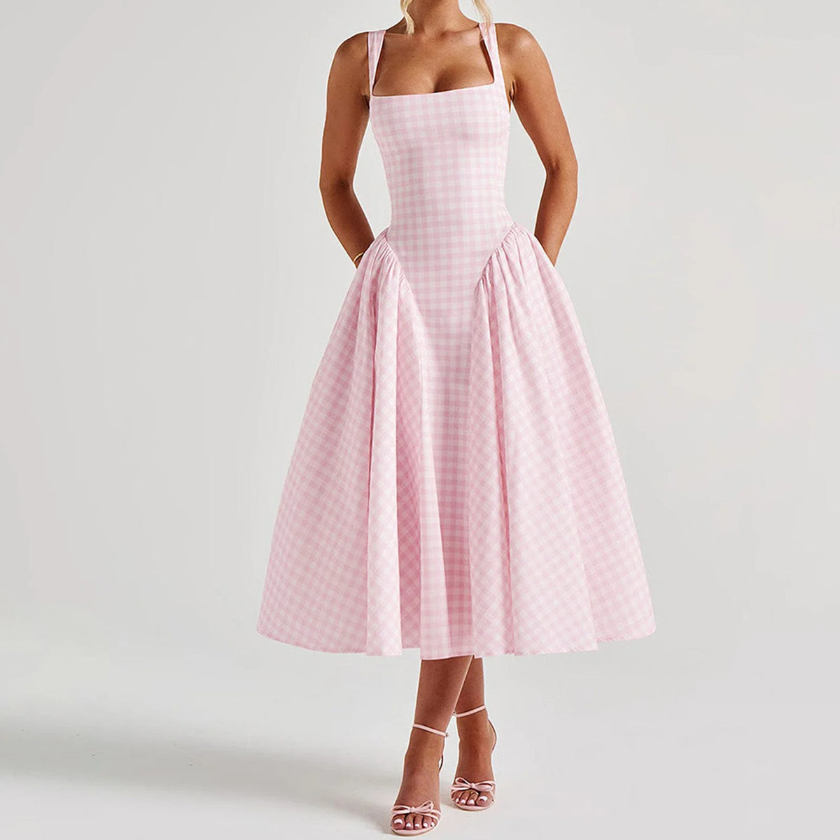 Women Sleeveless Corset Dress Summer Plaid Print Backless A-Line Party Dress for Vacation Cocktail Beach Streetwear