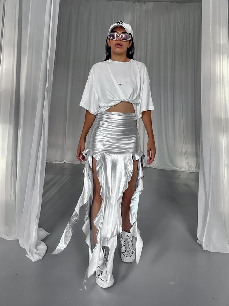 Ribbon Tassel Women Skirt Reflective Shiny Non Stretch Irregular High Waist Fashion Streetwear Stage Performance Wear