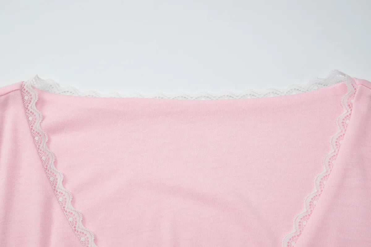 Lace Trim V Neck Long Sleeve Crop Tops Women's T-shirts Spring 2026 Fashion Clothes for Woman
