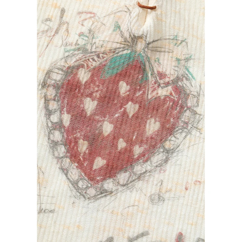 Women's Strawberry Print Lace-Up T-Shirt, Puff Sleeve Knit Punk Streetwear Top, Sweet Grunge Y2K Tee