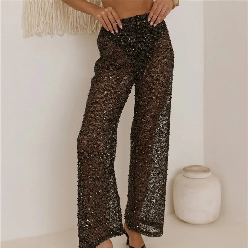 Sequin Mesh Wide Leg Pants Women High Waist See Through Sheer Elastic Waist Beachwear Trousers For Summer Vacation