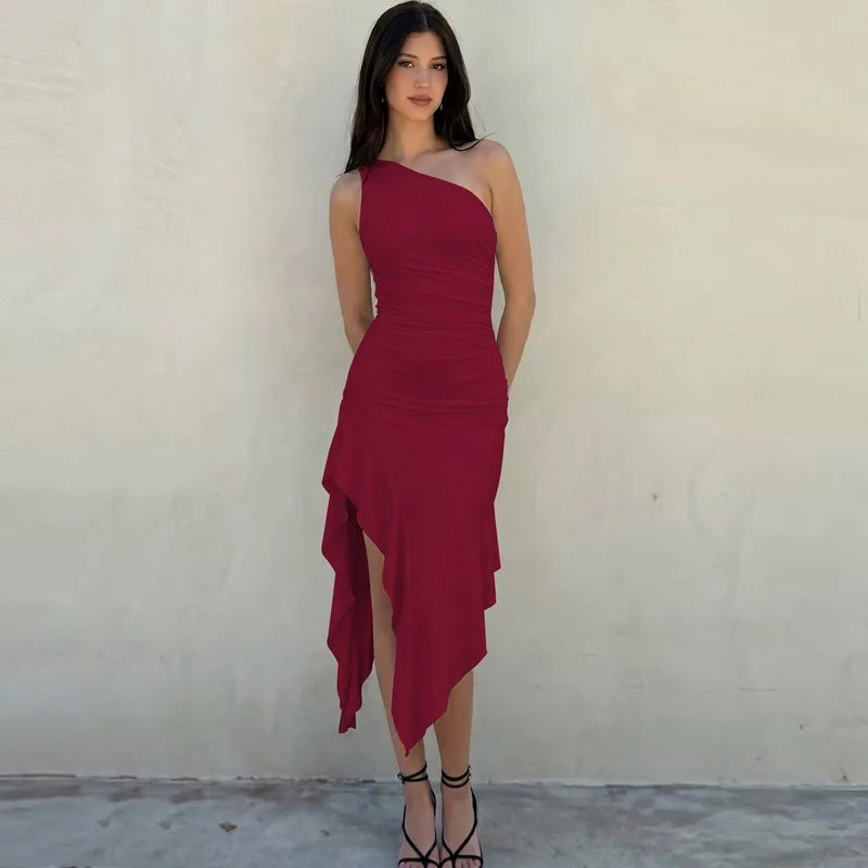 One Shoulder Midi Dress with Asymmetrical Ruffle Hem Woman Elegant Wedding Guest Dresses 2026
