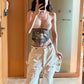 Fashion Knit Patchwork Vest Women Art Print v-Neck Halter Bandage Backless Hottie Midnight Music Festival Summer Clubwear
