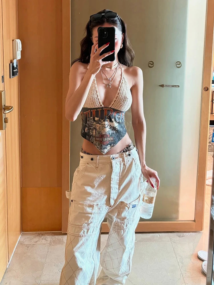 Fashion Knit Patchwork Vest Women Art Print v-Neck Halter Bandage Backless Hottie Midnight Music Festival Summer Clubwear