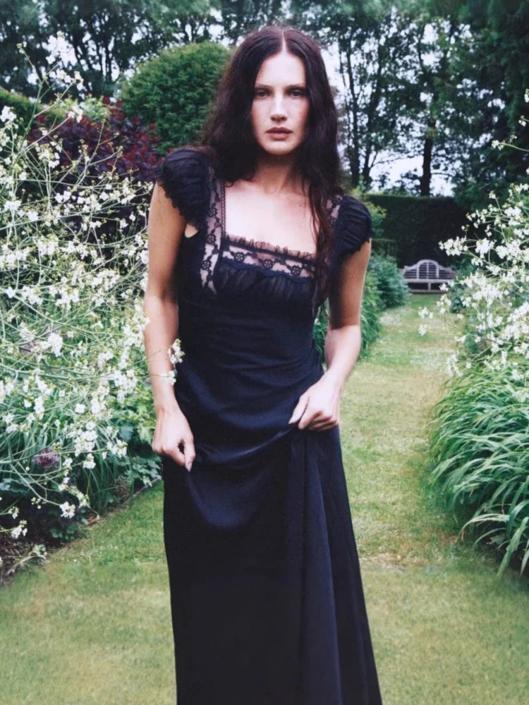 Satin Lace Black Elegant Dresses Party Flying Sleeves Backless Long Fishtail Dress 2026 Woman Clothes