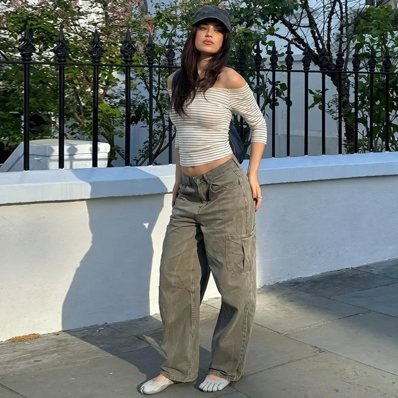 Striped Knit Off The Shoulder 3/4 Sleeve Crop Tops 2026 Fall T Shirts Woman Trendy Clothes
