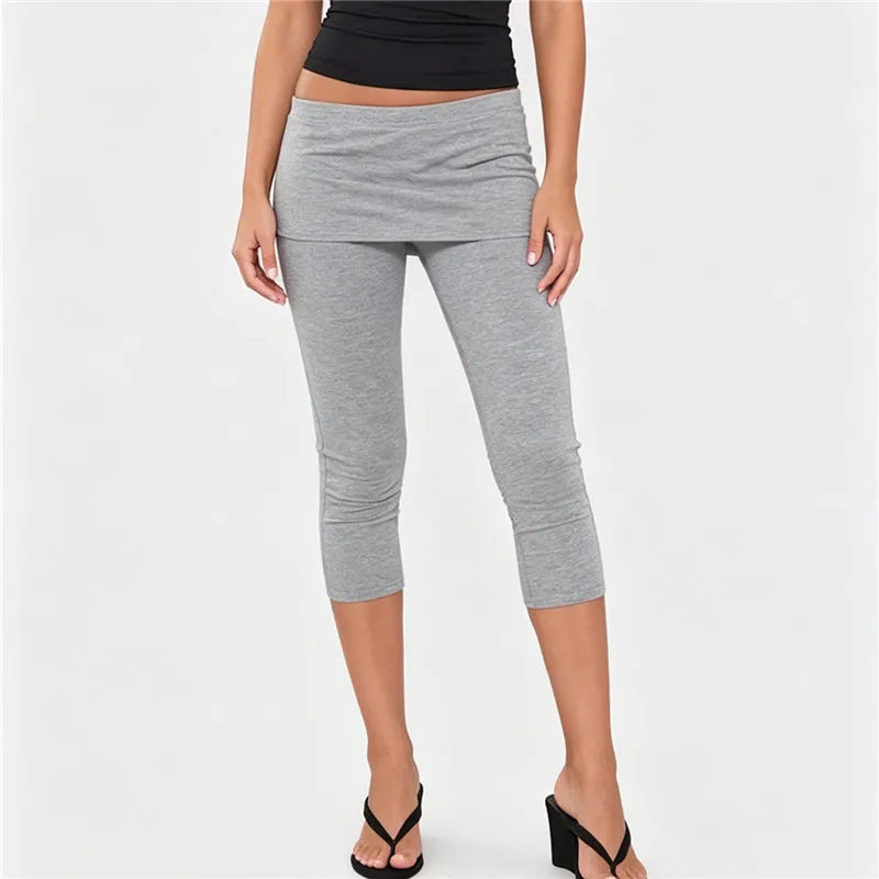 Chic Women Fold Over Waist Skirted Capri Leggings Stretchy Slim Fit 3/4 Cropped Pants Daily Casual Y2K Streetwear Bottom