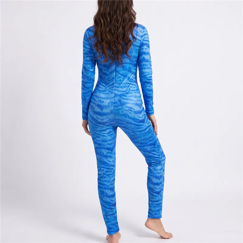 Skinny Jumpsuit Women Blue Tiger Print High Neck Long Sleeve Bodysuit Avatar Cosplay Costume Club Halloween Party Outfit