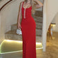 Women Sexy Maxi Dress Sleeveless Spaghetti Strap Pearl Button Decor Bodycon Dress Backless Elegant Evening Party Dress