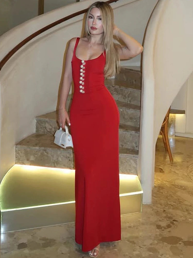 Women Sexy Maxi Dress Sleeveless Spaghetti Strap Pearl Button Decor Bodycon Dress Backless Elegant Evening Party Dress