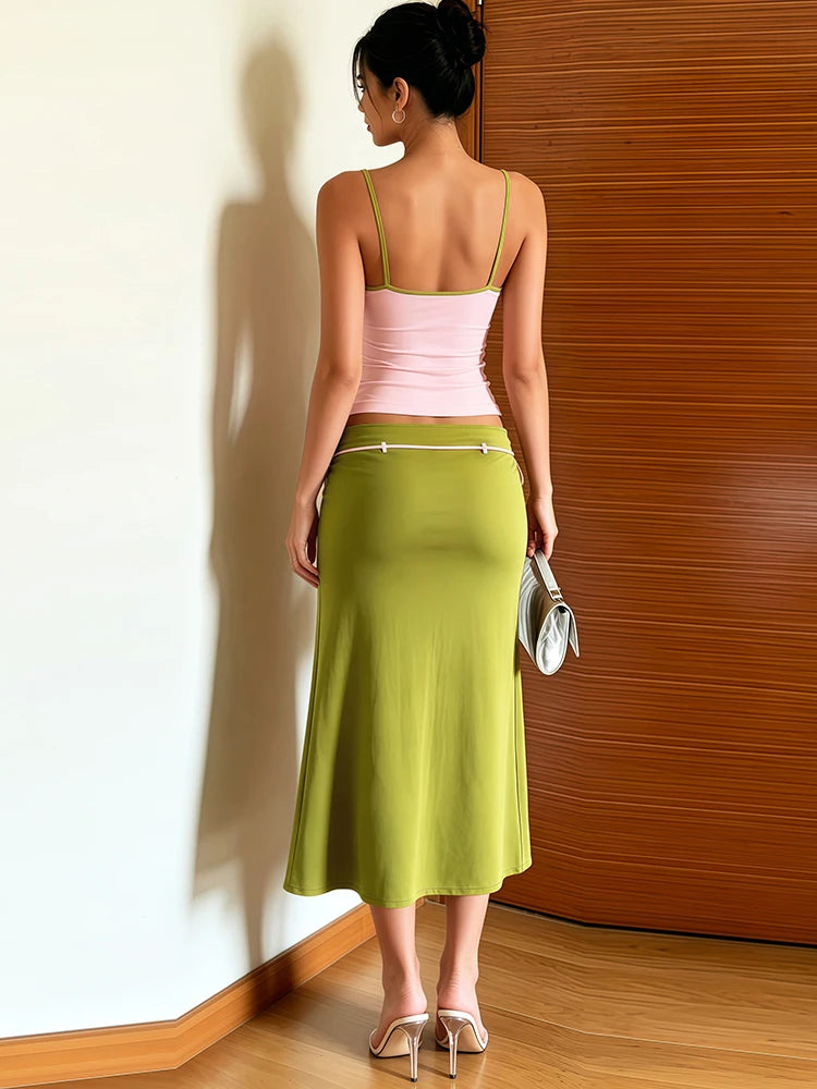 Ribbon Decoration Long Skirt+Low-Neck Backless Shape Waist Camisole 2 Piece Set Woman Summer Classic Elegant Style Suits