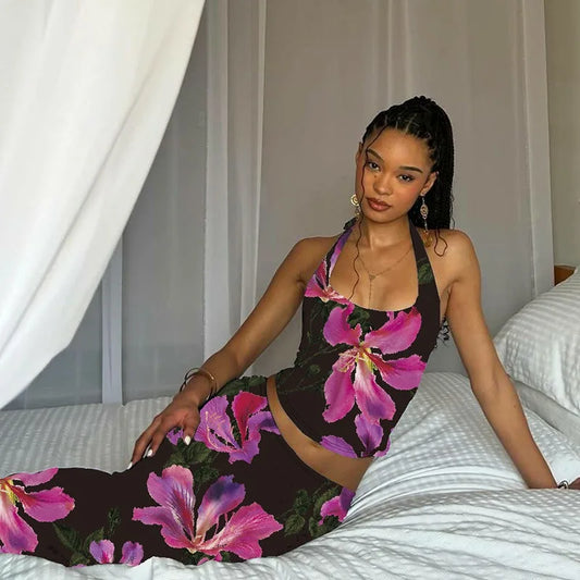 Flower Print Backless Halter Top and Maxi Skirt 2 Piece Set Elegant Sexy Summer Vacation Outfits Women