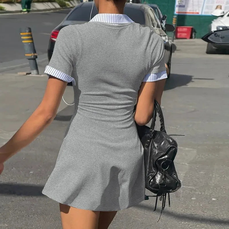 Fashion Patchwork Button Up Short Sleeve Shirt Dress Woman Clothes Office Casual White Black Grey Mini Dress