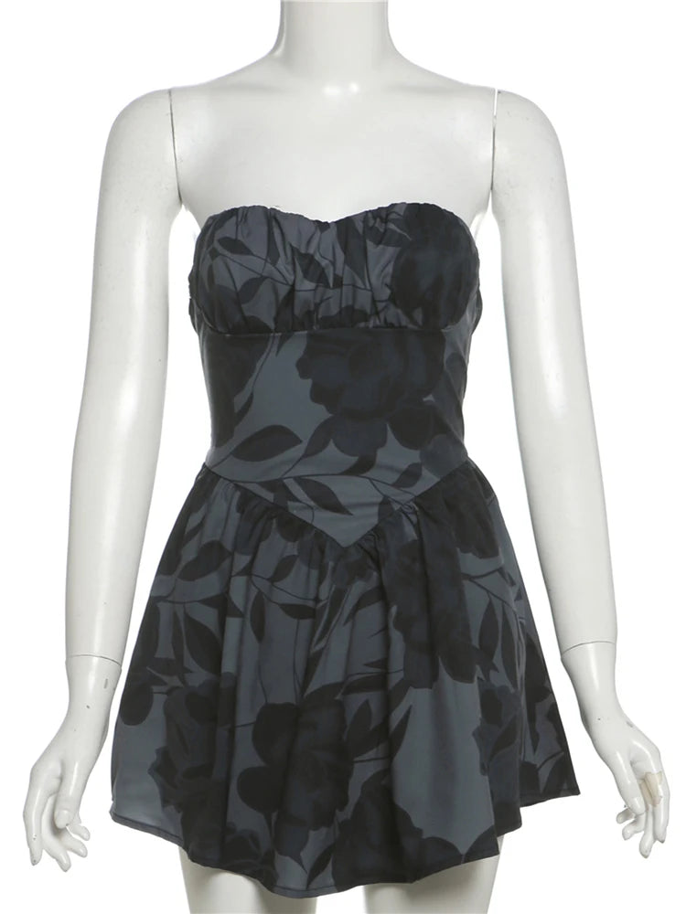 Sexy Off Shoulder Strapless Dress Women Colorful Print  Backless Ruched Ruffles Vacation Y2K Sweet Style Mini Bodycon