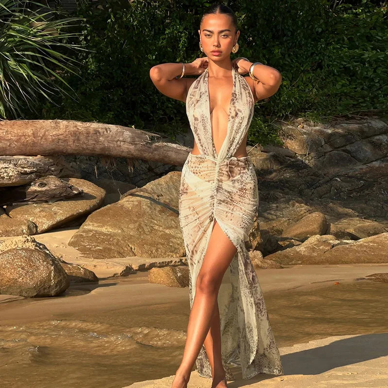 Print Mesh Sheer Sexy Summer Beach Dress Woman 2025 Open Back Deep V Split Long Maxi Dresses Vacation Outfits