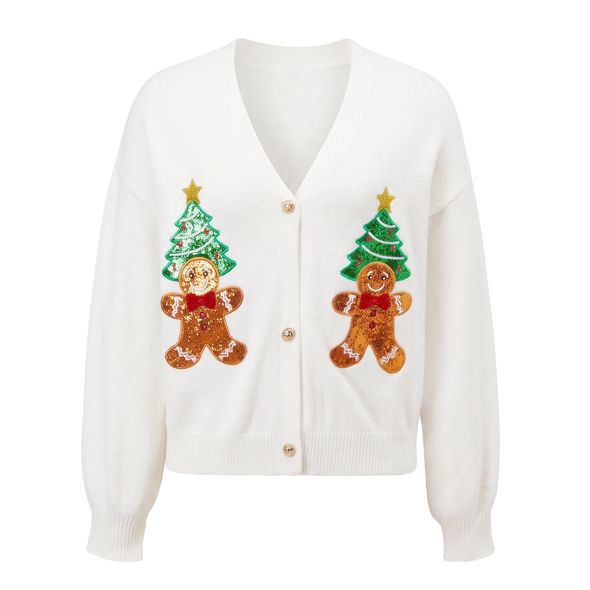 Womens Christmas Cropped Knit Cardigan V Neck Sequin Gingerbread Man Xmas Tree Patch Lantern Sleeve Button Down Sweater