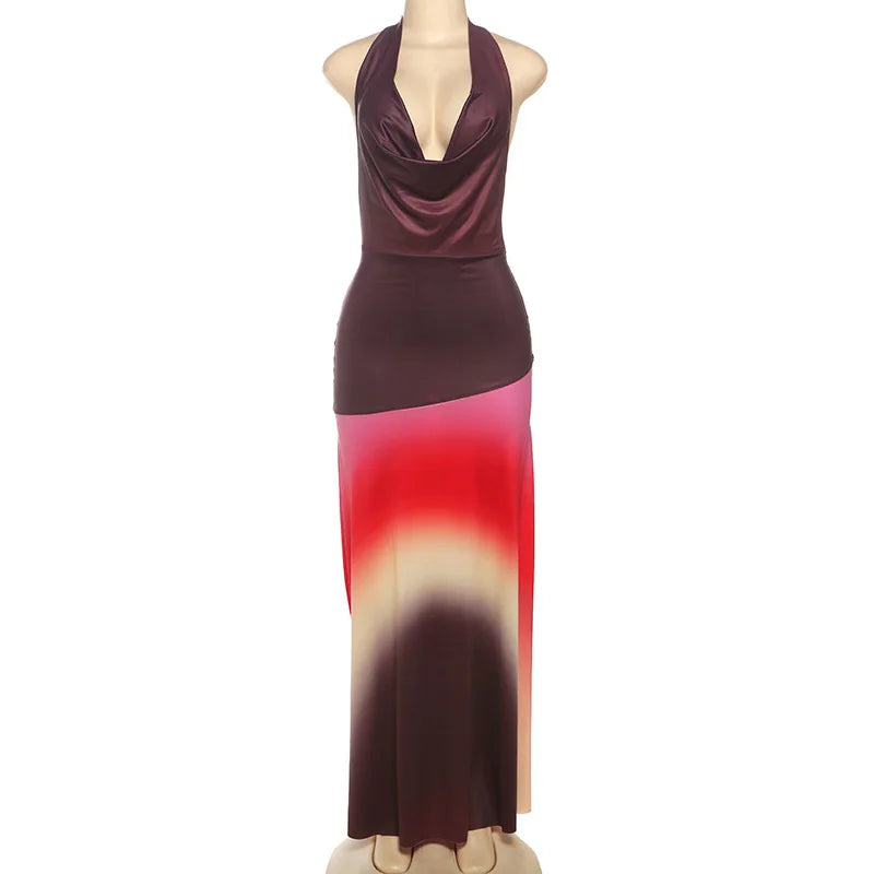 Gradient Printed Cowl Neck Backless Long Flowy Dresses for Summer 2025 Elegant Vacation Outfits Woman