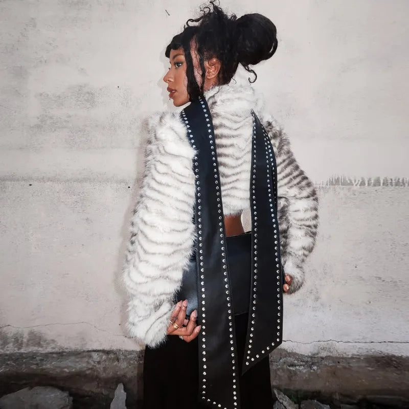Metal Leather Buckle Faux Fur Crop Jacket Woman Streetwear Fashion Sexy Winter Coats 2025 New Arrivals