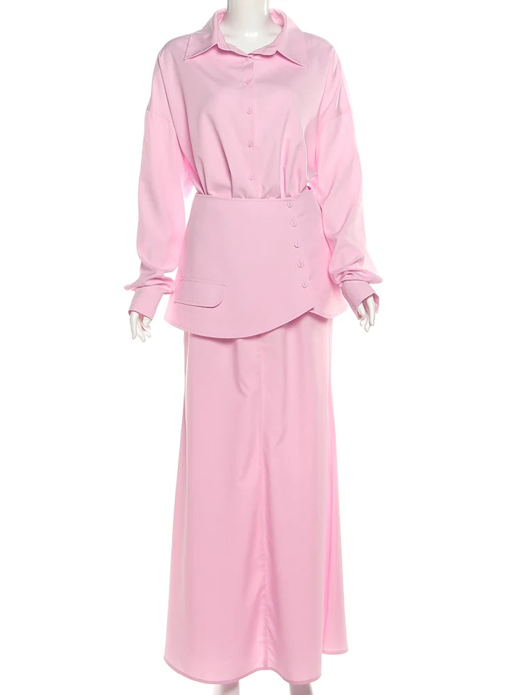 Single-Breasted 3 Piece Set Women Elegant Polo Neck Full Sleeve Blouse+Pinafore+Skirt Matching Trend Chic Streetwear