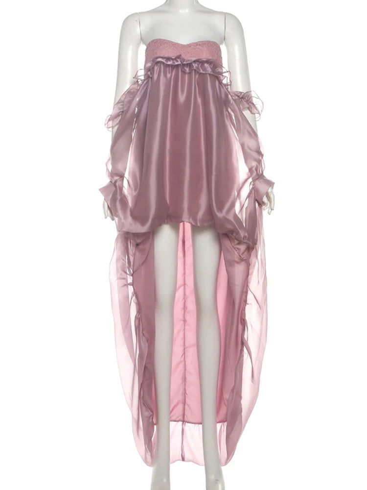 See Through Irregular Large Hem Women Edible Tree Fungus One Shoulder Patchwork Lace Sweet French Style Chic Vestidos