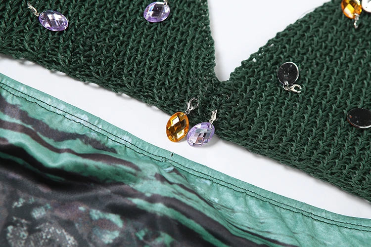 Vintage Women Set Knit Patchwork Diamond TasselsRuffles Hem Skirts+ Halter Backless Tops 2 Piece  Vacation Clubwear