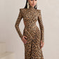 Leopard Print Maxi Dress Women Backless Full Sleeve Turtleneck Peach Butt Folds Skinny Fashion Elegant Banquet Vestidos