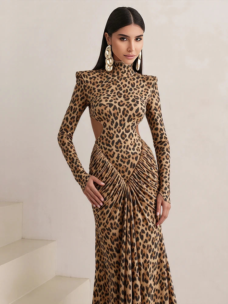 Leopard Print Maxi Dress Women Backless Full Sleeve Turtleneck Peach Butt Folds Skinny Fashion Elegant Banquet Vestidos