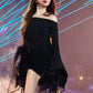 Fashion 2-Piece Set Women Irregular Long Flare Sleeve Off-Shoulder t-Shirt+Lace Simple Short Sexy Music Festival Suit