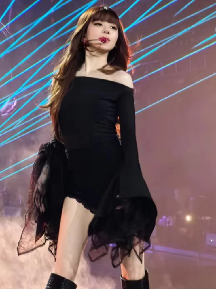 Fashion 2-Piece Set Women Irregular Long Flare Sleeve Off-Shoulder t-Shirt+Lace Simple Short Sexy Music Festival Suit