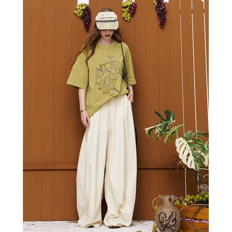 Vintage Washed Grape Print T-Shirt Women Summer Loose Mid-Length Casual Top Design Graphic Tee