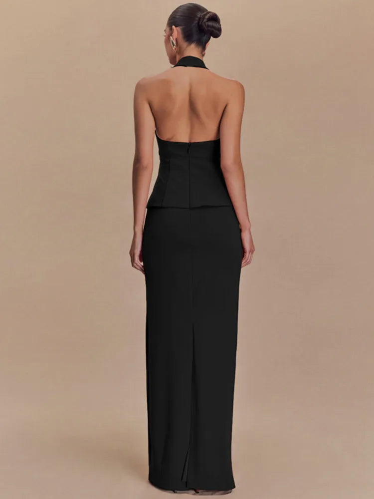 Backless Sexy 2 Piece Sets Women Solid Square Collar Halter Tops And Long Skirt Female Slim Fit Club Two Piece Sets