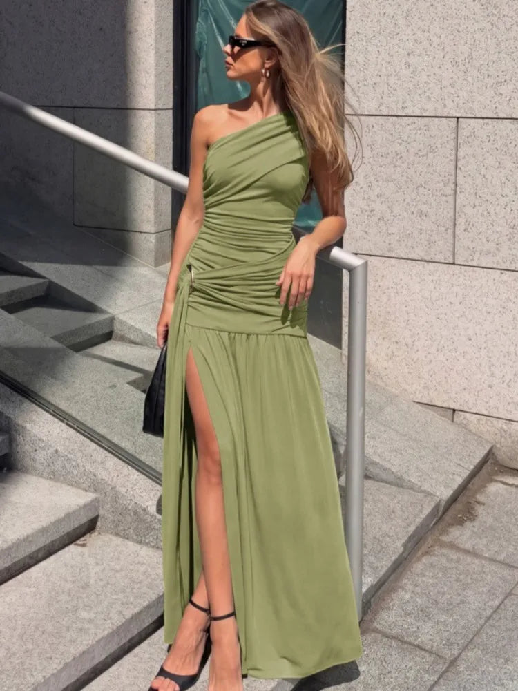 Women One Shoulder Ruched Sexy Maxi Dress Elegant Sleeveless Backless Metal Buckle Waist Draped Club Party Long Dress