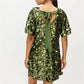 Women's Green Sequins Shift Mini Dress with Round Neck Short Sleeve Back Bow Tie Sparkly Party Club Evening Dress