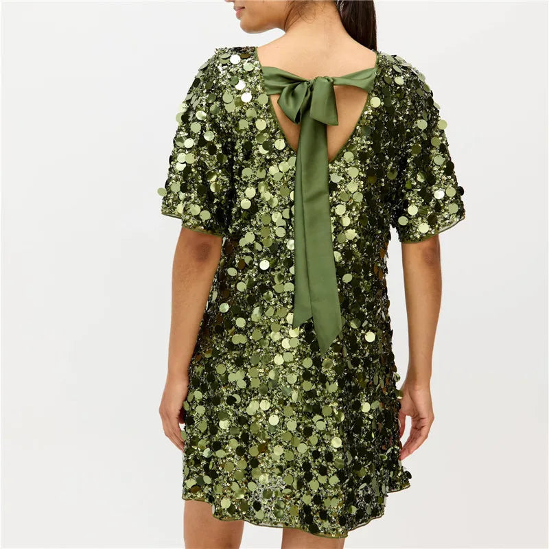 Women's Green Sequins Shift Mini Dress with Round Neck Short Sleeve Back Bow Tie Sparkly Party Club Evening Dress