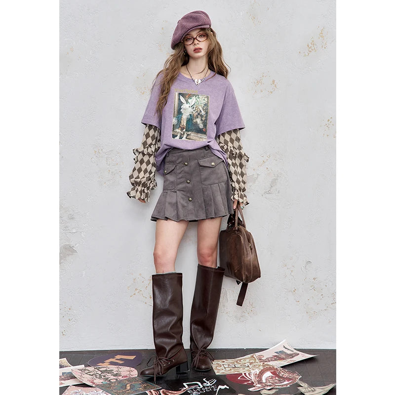 Y2K Long Sleeve Top Women Romantic Loose Round Neck Long Sleeve T-Shirt Fake Two-Piece Ruffle Sleeve Cute Print Top
