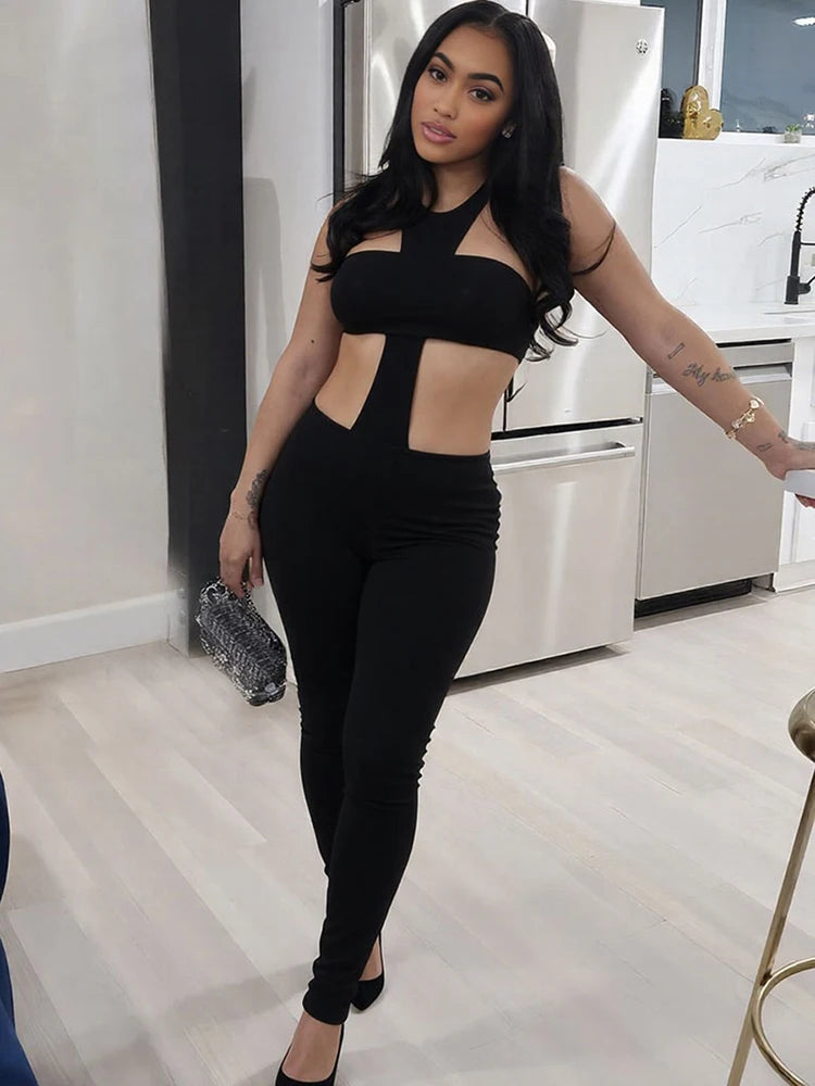 Fitness Women 2 Piece Set Stretch Tube Top+Skinny Halter Jumpsuit Street Matching Party Midnight Sexy Backless Overalls