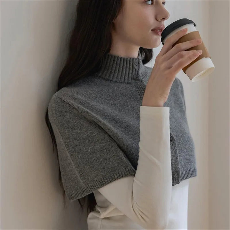 Stand Rib Collar Button Down Cropped Knit Cape For Women Dual Tone Slim Layering Short Knit Shawl Top Y2K Streetwear
