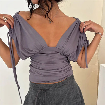 Y2K Deep V Neck Ruched Drawstring Sleeve Top Women Short Sleeve Backless Slim Fit Casual Streetwear Party Blouse