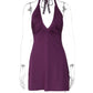 Halter V Neck Backless Sexy Mini Dress Women Elegant Off-shoulder Sleeveless Ruched Slinky Club Party Dress Clubwear
